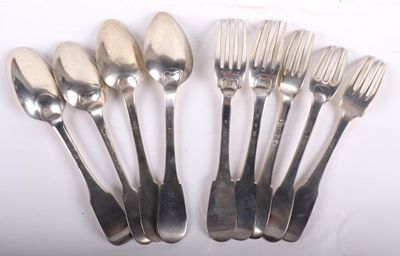 six forks and spoons are arranged in a row on a white surface