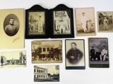 several old black and white photographs of men and women in front of a building