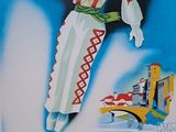 poster of a man in traditional clothing holding a flag and a train