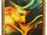 a painting of a yellow and black abstract painting on a bamboo frame