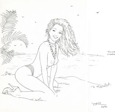 drawing of a woman in a bikini sitting on the beach