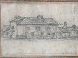 an old drawing of a building with a clock on top of it