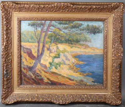 une peinture à l'huile représentant un paysage avec des arbres et un plan d'eau