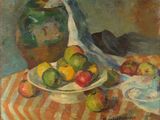 painting of a bowl of apples and a pitcher on a table