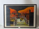 painting of a person walking on a bridge with an umbrella