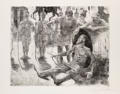 drawing of a man sitting on the ground in front of a group of soldiers