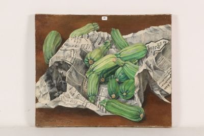a painting of a bunch of green vegetables on a piece of newspaper