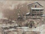 drawing of an old stone building with a staircase leading up to it