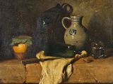 une peinture représentant une cruche, un bol et un linge posés sur une table