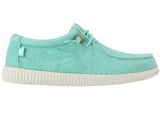 a picture of a pair of green sued shoes with white soles