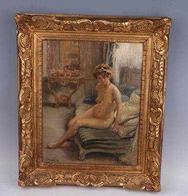 an image of a painting of a nude woman sitting on a couch