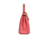 a pink handbag with a zipper closure and a handle