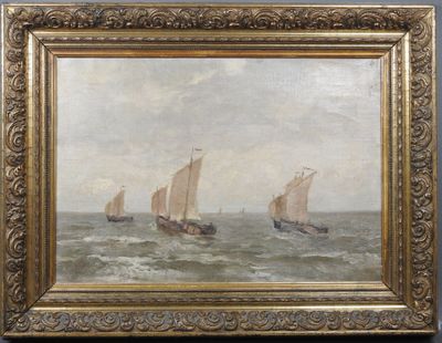 une peinture à l'huile représentant trois bateaux en mer, avec le ciel en arrière-plan