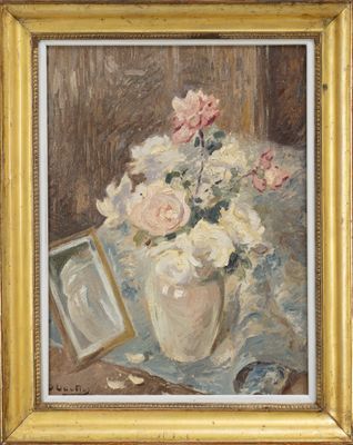 painting of flowers in a vase on a table with a picture frame