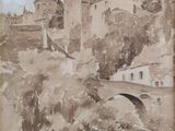 a picture of a painting of a castle on a hill