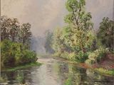 a painting of a river running through a forest