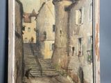 tableau représentant une scène de rue avec de vieux bâtiments et un escalier