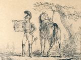 un dessin représentant un homme et une femme debout à côté d'un cheval
