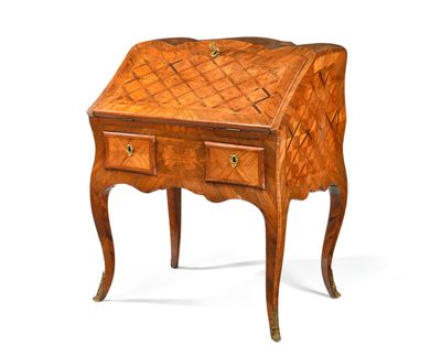 an image of a small wooden desk with drawers