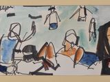 a drawing of a group of people sitting in a room