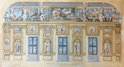 dessin représentant un grand bâtiment sur lequel sont accrochés de nombreux tableaux