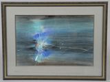 tableau représentant une peinture abstraite bleue et blanche, dans un cadre noir