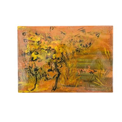 un tableau représentant deux flamants roses dans l'eau, près d'un arbre