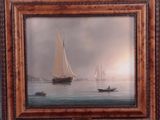 painting of a sailboat in the water with a boat in the background