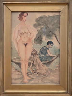 an image of a painting of a woman in a bathing suit standing next to a dog