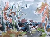 une aquarelle représentant un banc dans un parc