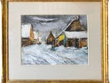 painting of a snowy village scene with a gold frame and a white background