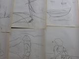 several sketches of a man standing on a beach with a boat in the background
