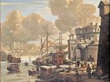 a painting of a harbor scene with boats in the water