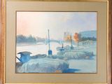 a picture of a painting of boats on the water