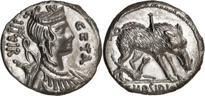 a silver coin with an image of a woman and a horse on it