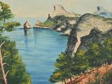 une peinture à l'huile représentant une étendue d'eau entourée d'arbres