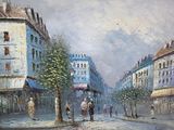 painting of a city street scene with people walking down the street