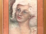 painting of a woman with white hair and blue eyes in a gold frame
