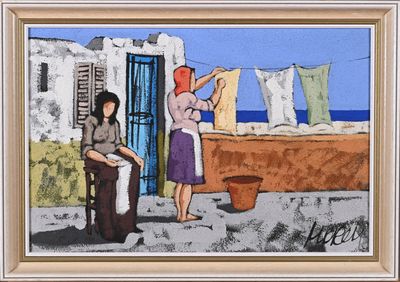 une image représentant un tableau où l'on voit une femme étendant du linge sur une corde à linge
