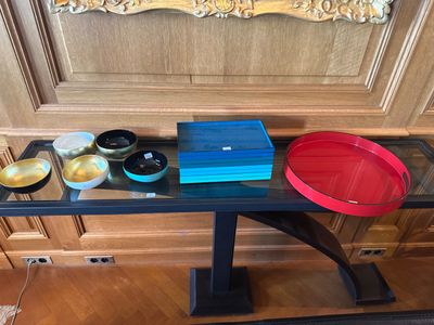 une table en verre sur laquelle se trouvent un bol rouge et un bol bleu