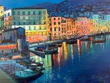 a painting of boats docked in a harbor at night