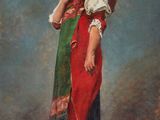 un tableau représentant une femme vêtue d'une robe rouge et verte