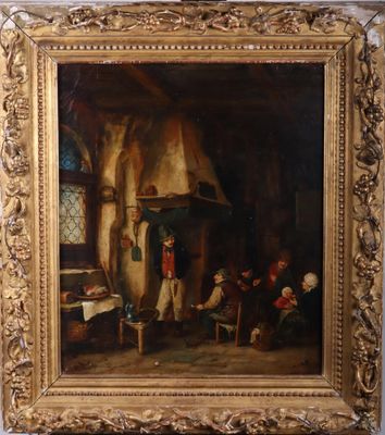 une peinture à l'huile représentant un groupe de personnes assises autour d'une table