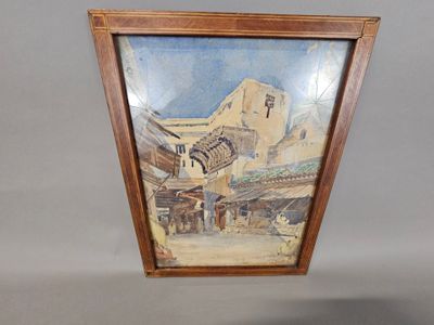 an image of a painting of a street scene in a wooden frame