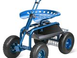 a blue cart with a basket on top of it
