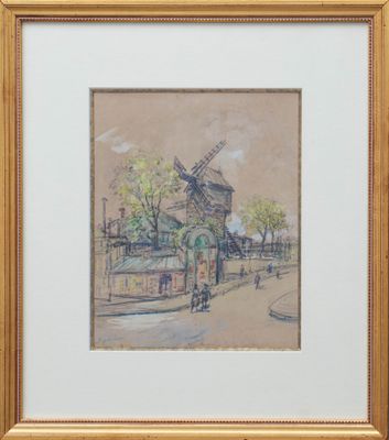 une image représentant un tableau d'un moulin à vent dans une rue