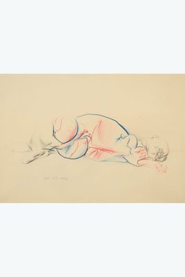a drawing of a baby laying on its back on the ground