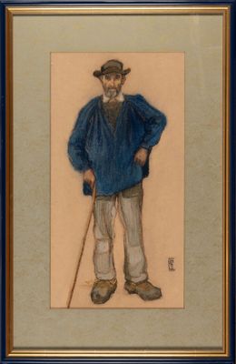 painting of a man with a hat and cane standing in front of a wall