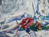 a painting of a vase and a flower on a table