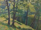 une peinture à l'huile représentant des arbres et une rivière dans une zone boisée